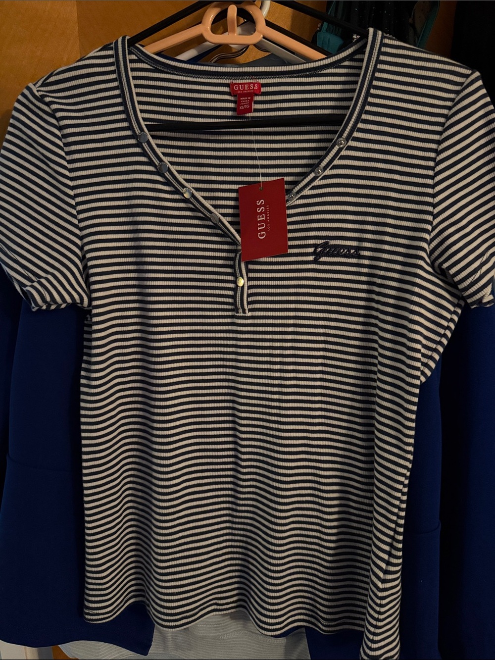 GUESS Navy & White Striped Short Sleeve Henley Tee- *NWT*